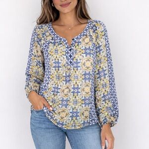 Zac & Rachel Boho Floral Print Blouse Blue Yellow Summer Casual Chic Top S